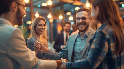 Teamwork and achievement are exemplified by a group of diverse professionals shaking hands at a corporate event.
