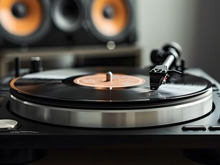 Vintage Turntable Playing Vinyl Record with Speakers in Background