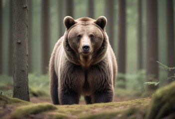 Fototapeta premium A bear stood in a forest looking at the camera, shallow depth of field