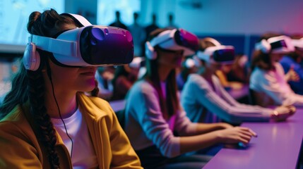 Group of students wearing virtual reality glasses and experiencing virtual reality while sitting in a row at desks in the classroom