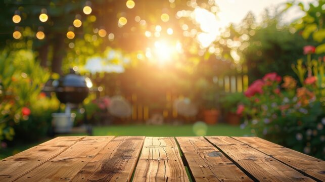 In a summer time backyard garden, there is a grill BBQ, a wooden table with a blurred background, and a wooden bench