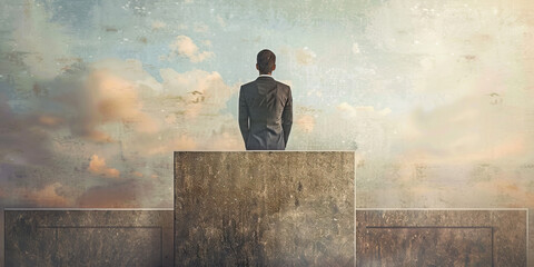 Shaping the Nation's Future: A young politician addressing an audience from atop a granite podium.