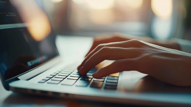 Person typing code on a laptop, focusing on web development. Hands navigating through html, css, and javascript in a busy office
