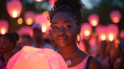 A supportive community coming together for a candlelight vigil, holding pink lanterns to honor breast cancer survivors and remember those lost. Their unified presence illuminates hope and remembrance.
