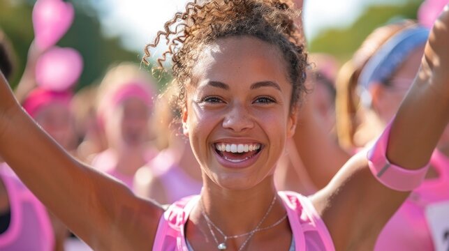 An inspirational scene of a breast cancer survivor participating in a charity run, surrounded by cheering supporters. Her determination and strength encourage others to join the cause on this