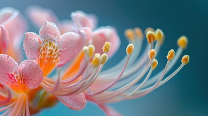 Fototapeta premium A mesmerizing macro photograph of a honeysuckle flower, capturing its tubular shape and delicate, sweet-scented blooms.