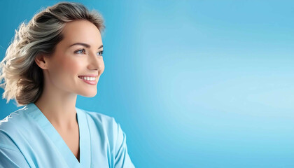 Fototapeta premium A beautiful woman with a radiant smile showcases her healthy skin and stylish hair
