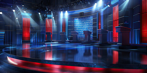 The Republican Debate: A stage set for a political debate, with podiums and microphones, as candidates argue their points.