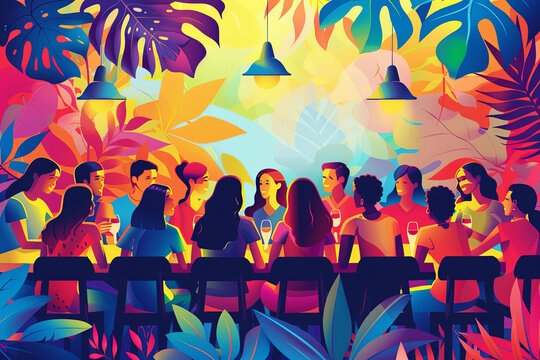 12. Group of friends sharing a meal at a dinner table, highlighting the warmth of human connection, simple vector graphic design, illustration, vibrant and colorful