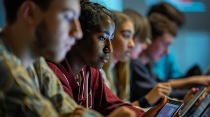 Diverse group of students are using digital tablets in class while listening to their teacher