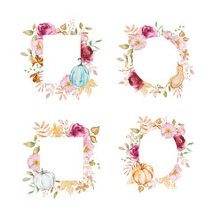 Watercolor autumn frames set with pumpkins, flowers, fall leaves