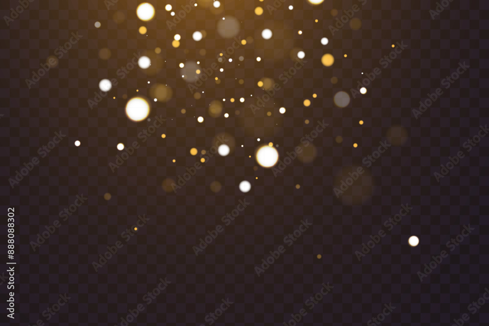 Poster light effect of golden bokeh of dust and glare. glowing particles isolated on a dark transparent bac
