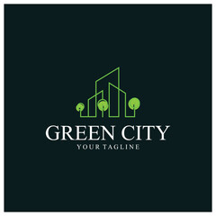 green and healthy modern city with leaf logo design for business, property, building, eco city, future city, architect, environmentally friendly