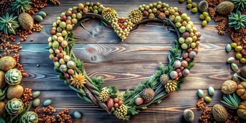 A heart made of fruits and vegetables is displayed on a wooden table