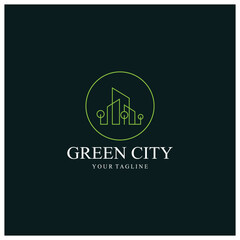 green and healthy modern city with leaf logo design for business, property, building, eco city, future city, architect, environmentally friendly