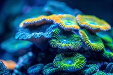 Obraz premium Beautiful coral reef, macro photography of beautiful corals, blue-green color