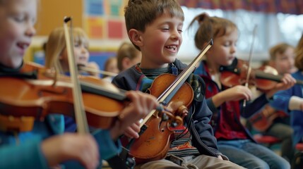 Young musicians happily playing violins during a school music lesson