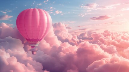Fototapeta premium Pink Hot Air Balloon with pastel pink backdrop with fluffy clouds, Soft natural lighting with warm tones.