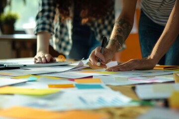 Obraz premium People brainstorming ideas on a table covered in colorful sticky notes. Creative teamwork in progress.