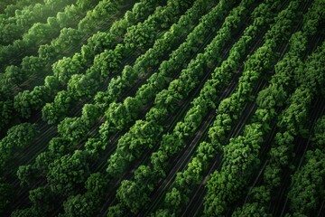 Aerial view of lush green forest with rows of thriving trees. Beautiful natural landscape showcasing vibrant greenery and nature's symmetry.