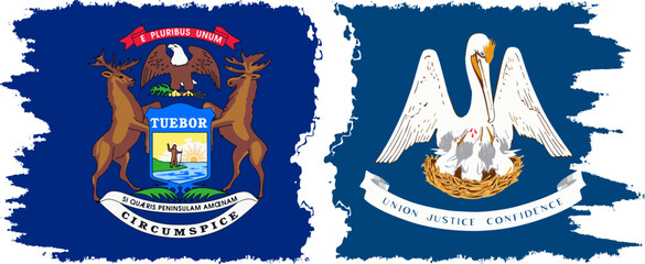 Louisiana and Michigan states grunge brush flags connection, vector