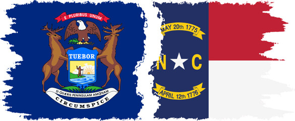 North Carolina and Michigan states grunge brush flags connection, vector