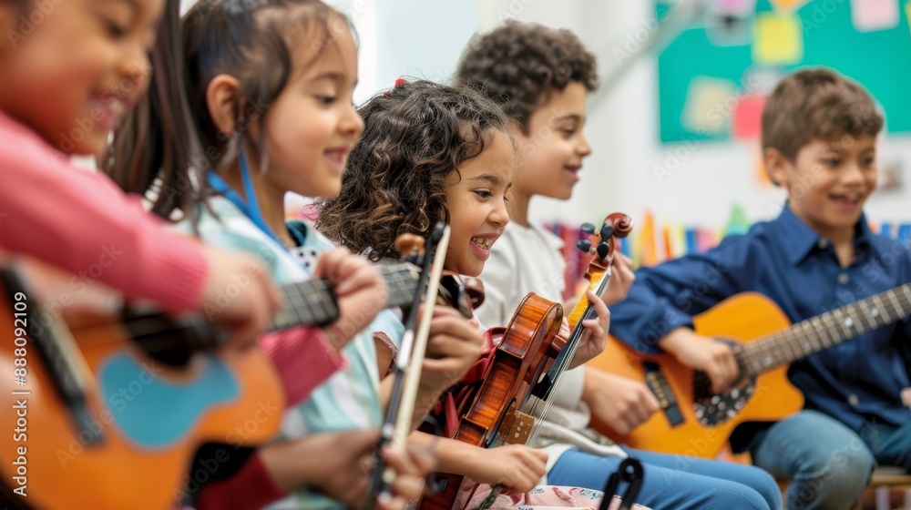 Wall mural diverse group of elementary school students happily playing string instruments during music lesson