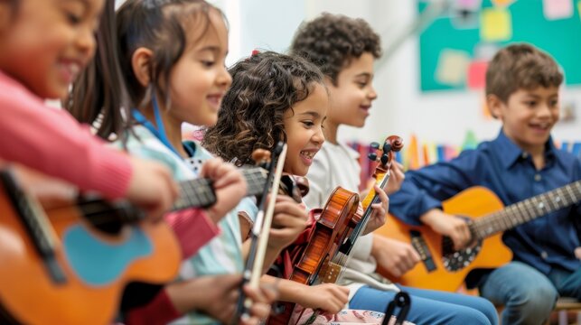 Diverse group of elementary school students happily playing string instruments during music lesson