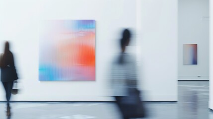 A blurry image of people walking past a painting of a colorful abstract piece