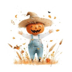 Fototapeta premium Cute pumpkin scarecrow with a big smile, wearing a straw hat and overalls, surrounded by autumn leaves.