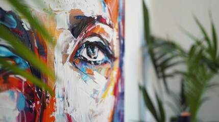 Fototapeta premium A colorful painting of a woman's face with a green plant behind it