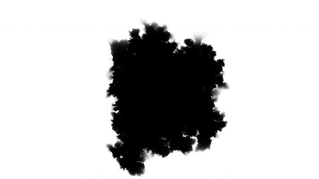 Ink transition blot spreading. Black paint stain expands to black solid on white background