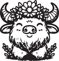 A beautiful funny buffalo ,line art