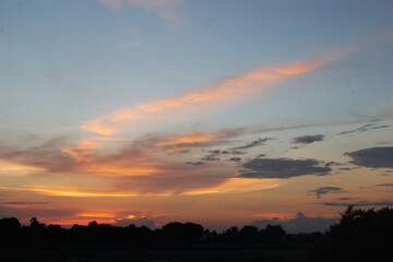 Dragonfly flying in Colorful cloudy sunset in forest grassland during monsoon in bihar, India