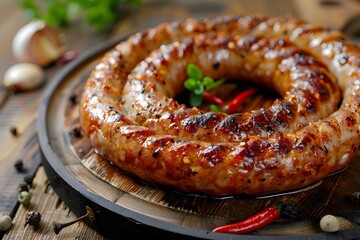 Fototapeta premium Deliciously Grilled Spiral Sausage with Herbs and Spices