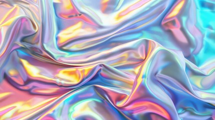 Obraz premium Shiny iridescent fabric background resembling mother of pearl, with a beautiful array of bright, multi-colored hues reflecting light, creating a stunning and captivating visual display.