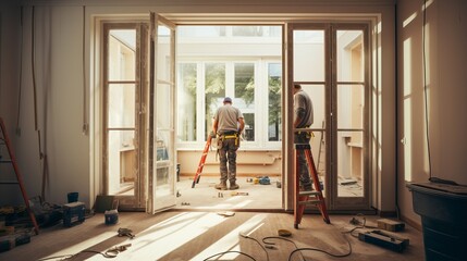 Fototapeta premium craftsman and carpenter working at construction site of new house