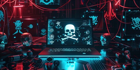 Fototapeta premium piracy website - laptop screen with jolly roger icon