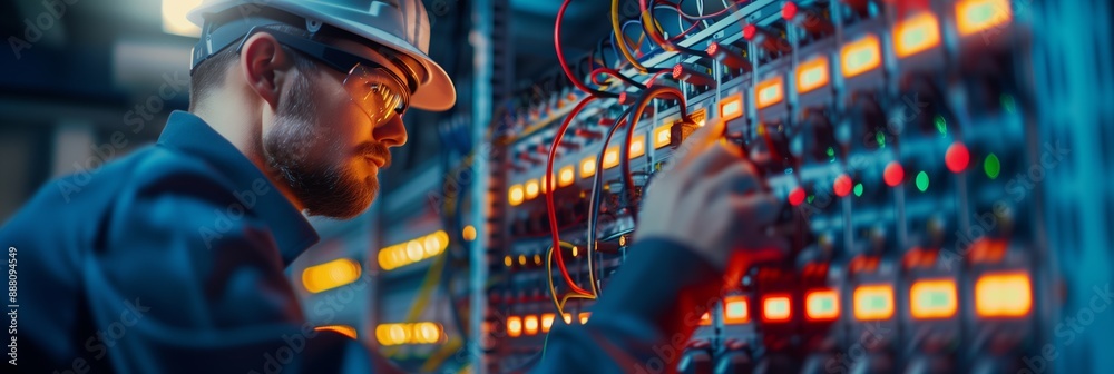 Wall mural electrician and engineer work on an electrical circuit with many cables for communication and data t