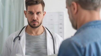 Fototapeta premium Concerned doctor discussing medical results with a patient in a clinic setting, emphasizing healthcare, communication, and patient care.