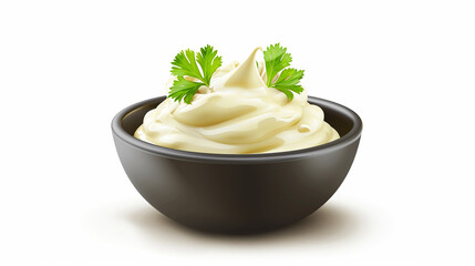 Bowl with white mayonnaise dip side and top view food