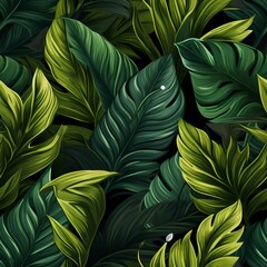 Fototapeta premium This lush, green tropical leaf pattern is perfect for commercial use in wallpaper, textile, and packaging designs.
