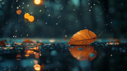 A leaf is floating on a puddle of water