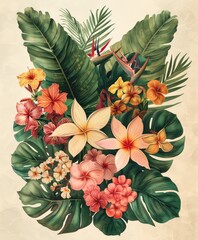 vintage botanical illustration, tropical plants and flowers, detailed linework, soft pastel colors