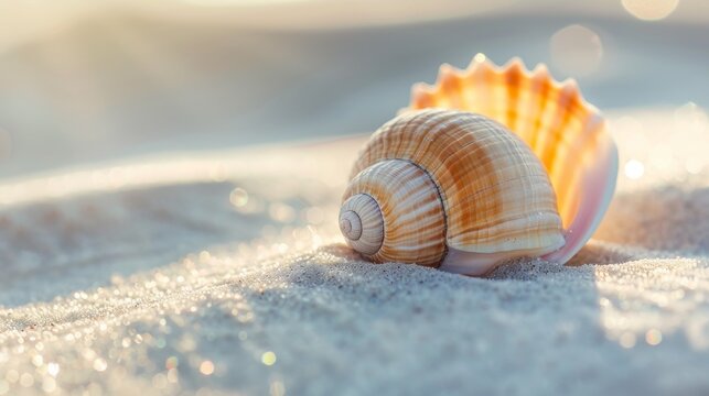 A shell is laying on the sand, with the sun shining on it