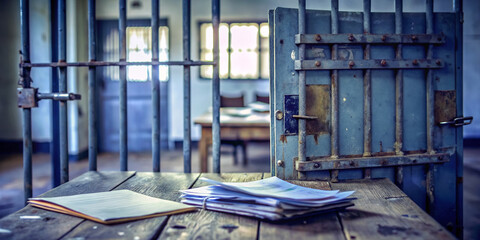 A rusty prison gate with open doors and a blurred background, symbolizing freedom and reintegration, amidst laws and documents on a worn wooden table.