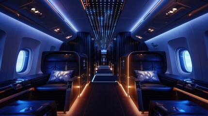 Luxurious first-class airline cabin with spacious seats, personalized service, and ambient lighting, providing an unparalleled travel experience