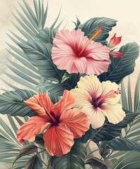 vintage botanical illustration, tropical plants and flowers, detailed linework, soft pastel colors