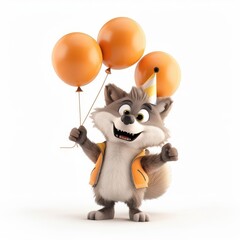 Fototapeta premium Happy cartoon wolf wearing a party hat holding balloons.