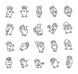 Cute radish character. Coloring Page. Adorable cartoon vegetable. Hand drawn style. Vector drawing. Collection of design elements.